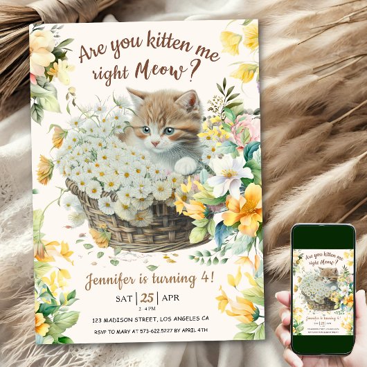 Miauw! Bloemen Schattige Kitten Meisje Kat 4e Verj Kaart