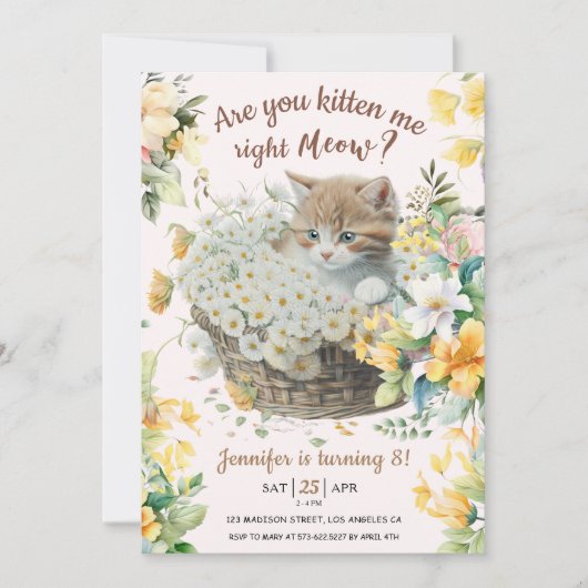 Miauw! Bloemen Schattige Kitten Meisje Kat 8e Verj Kaart (Voorkant)
