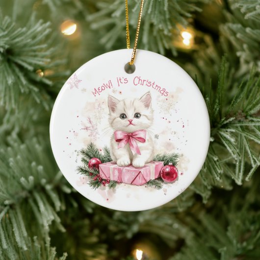 Miauw Christmas Kitten Pink Keramisch Ornament (Boom)