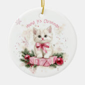 Miauw Christmas Kitten Pink Keramisch Ornament (Voorkant)