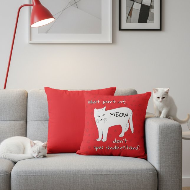 Miauw Funny Cat Sierkussen Rood Wit Zwart (Funny bold red and white cat throw pillow.)