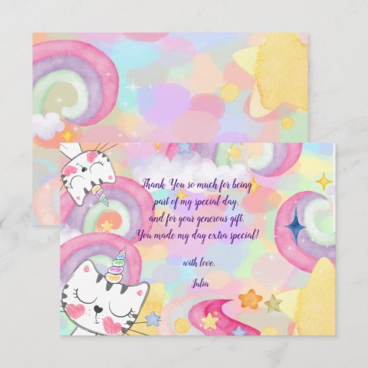 Miauw-gical caticorn regenboog kinderen verjaardag bedankkaart (Voorkant / Achterkant)