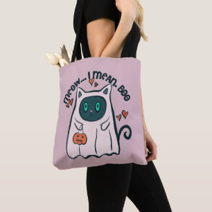 Miauw Ik bedoel Boo Cat Ghost Paarse Halloween Tote Bag