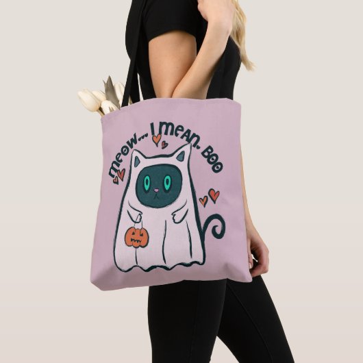Miauw Ik bedoel Boo Cat Ghost Paarse Halloween Tote Bag (Dichtbij)