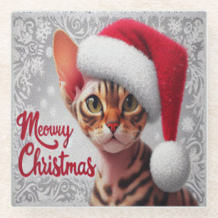 Miauw Kerstmis Devon Rex Kat, Kerstman Kat Glazen Onderzetter