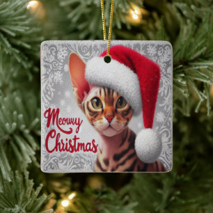Miauw Kerstmis Devon Rex Kat, Kerstman Kat Keramisch Ornament