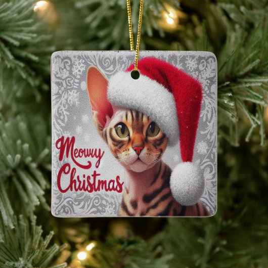 Miauw Kerstmis Devon Rex Kat, Kerstman Kat Keramisch Ornament (Boom)