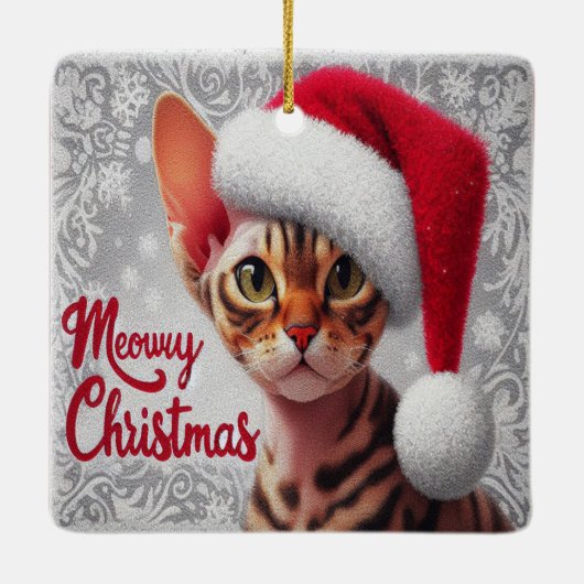 Miauw Kerstmis Devon Rex Kat, Kerstman Kat Keramisch Ornament (Achterkant)