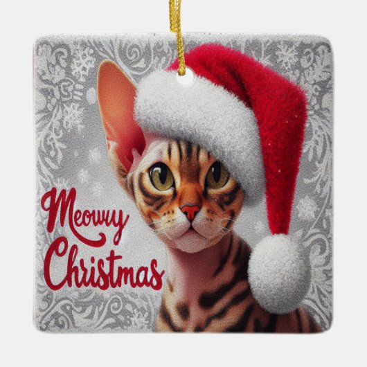 Miauw Kerstmis Devon Rex Kat, Kerstman Kat Keramisch Ornament (Voorkant)