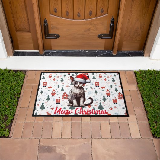 Miauw Kerstmis Devon Rex Kat, Kerstmis Santa Kitte Deurmat (Buiten)