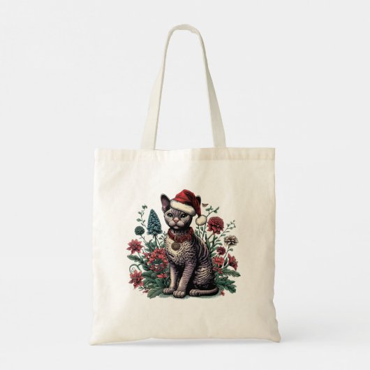 Miauw Kerstmis Devon Rex Kat, Kerstmis Santa Kitte Tote Bag (Achterkant)