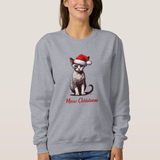 Miauw Kerstmis Devon Rex Kat, Kerstmis Santa Kitte Trui (Voorkant)