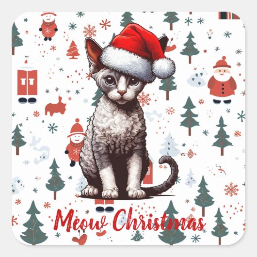 Miauw Kerstmis Devon Rex Kat, Kerstmis Santa Kitte Vierkante Sticker (Voorkant)