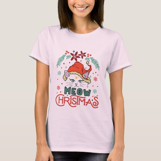 Miauw Kerstmis, Prettig Kerstfeest T-shirt (Voorkant)