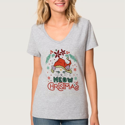 Miauw Kerstmis, Prettig Kerstfeest T-shirt (Voorkant)
