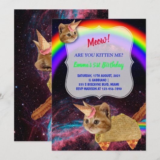 MIAUW! Kitten ruimte partij uitnodiging (Voorkant / Achterkant)