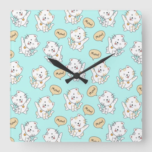 Miauw Kittens Pattern – Schattigee Cat Wall Clock Vierkante Klok (Voorkant)