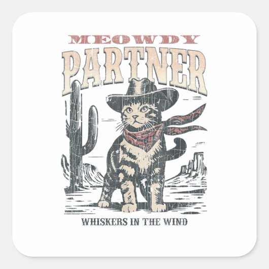 Miauw Partner Cowboy Kat Vierkante Sticker (Voorkant)