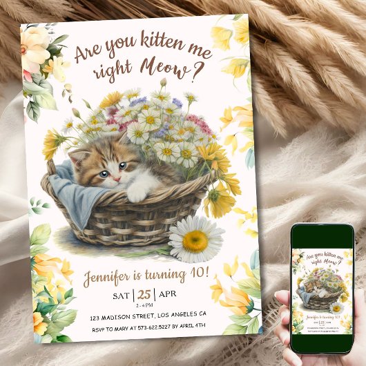 Miauw! Schattige Kitten Floral Kitty Cat 10e Verja Kaart