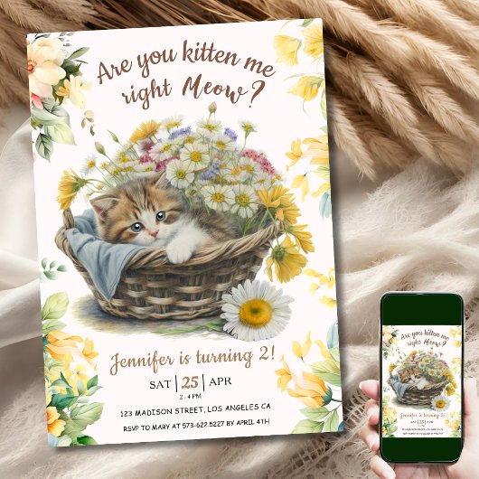 Miauw! Schattige Kitten Floral Kitty Cat 2e Verjaa Kaart