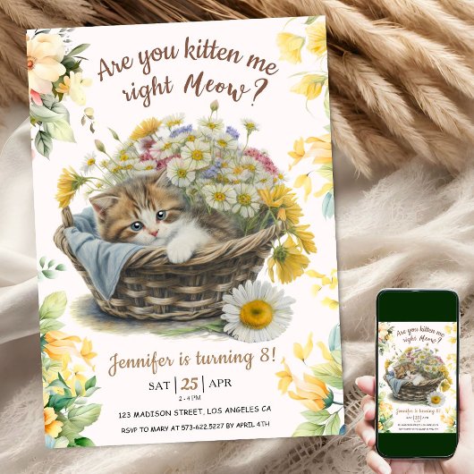 Miauw! Schattige Kitten Floral Kitty Cat 8e Verjaa Kaart