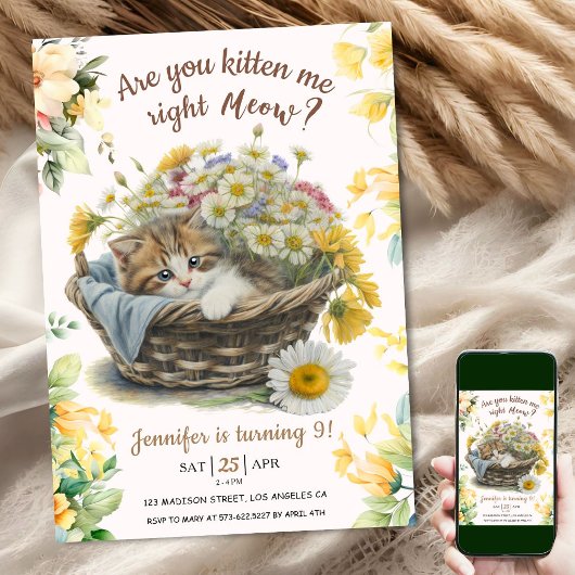 Miauw! Schattige Kitten Floral Kitty Cat 9e Verjaa Kaart