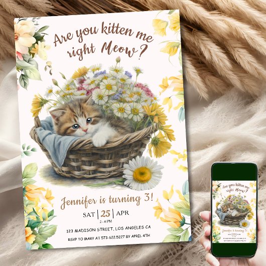 Miauw! Schattige Kitten Floral Kitty Kat 3e Verjaa Kaart