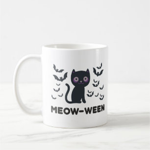 Miauw-ween Delight Black Cat en Bats Halloween Koffiemok