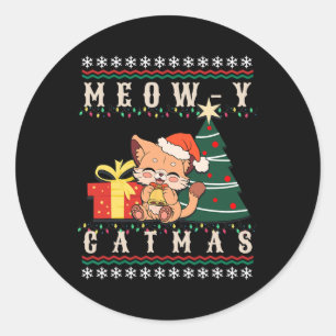 Miauw-y Catmas Kat Kerstboom Xmas Meisjes Jongens Ronde Sticker