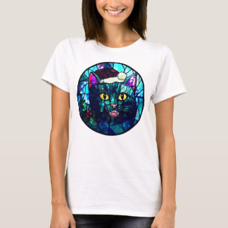Miauwende Glas-in-Lood Kerstmis Zwart Kat T-shirt