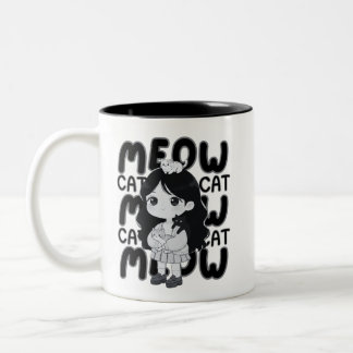Miauwende Kattenliefhebber Esthetische Chibi Meisj Tweekleurige Koffiemok
