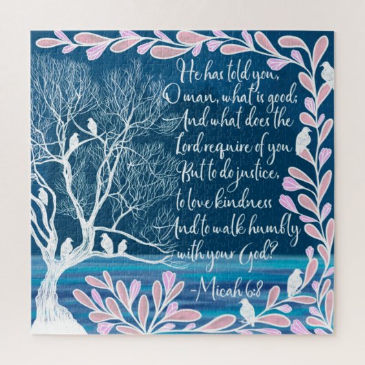 Micah 6:8 Blauwgroen Blauwe Boom Bijbelverse Legpuzzel (Verticaal)