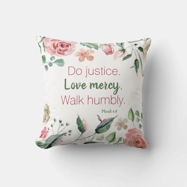 Micah 6:8 Floral Waterverf gepersonaliseerd Kussen (Voorkant)