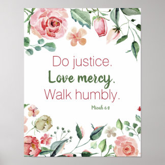 Micah 6:8 Roze en Cream Floral Waterverf Poster
