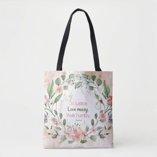 Micha 6:8 Do Justice Roze Groene Waterverf Bloemen Tote Bag (Voorkant)