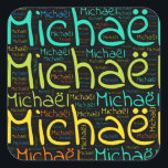 Michael Vierkante Sticker<br><div class="desc">Michael. Show en draag deze populaire, mooie mannelijke voornaam die is ontworpen als kleurrijke tekstwolk gemaakt van horizontale en verticale krommende typografie van handletters in verschillende maten en schattige verse kleuren. Draag je positieve franse naam of show de wereld waar je van houdt of waar je van houdt. Merk met...</div>