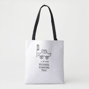 Michael wordt twee verjaardag speelgoedauto verkee tote bag