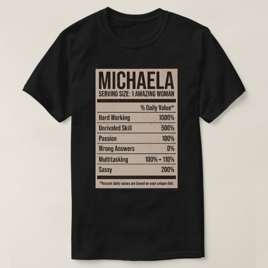 Michaela Nutrition Facts Name Nickname Alias Titel T-shirt (Design voorkant)