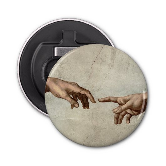 Michaelangelo overhandigt de schepping Adam God Button Flesopener (Voorkant)