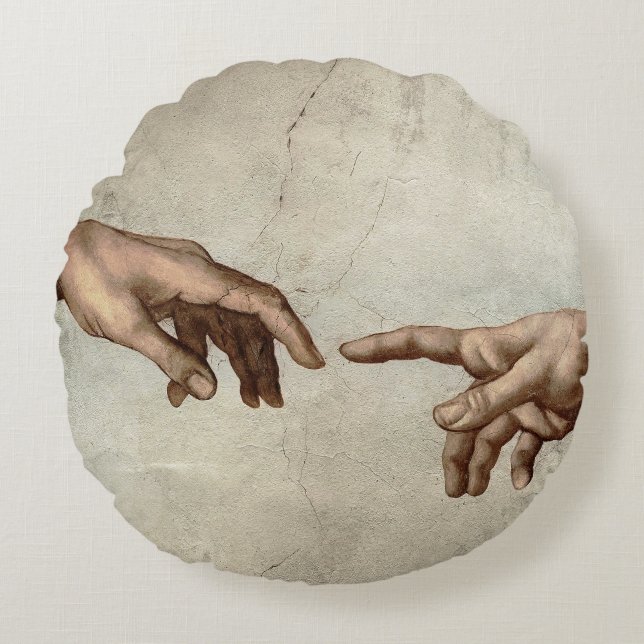 Michaelangelo overhandigt de schepping Adam God Rond Kussen (Voorkant)