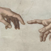 Michaelangelo overhandigt de schepping Adam God Sticker (Voorkant)