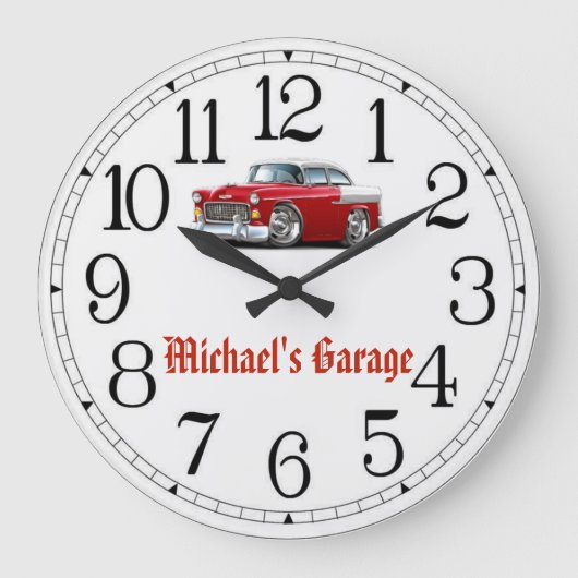 Michael's Garage Red & White Classic Car Clock Grote Klok (Voorkant)