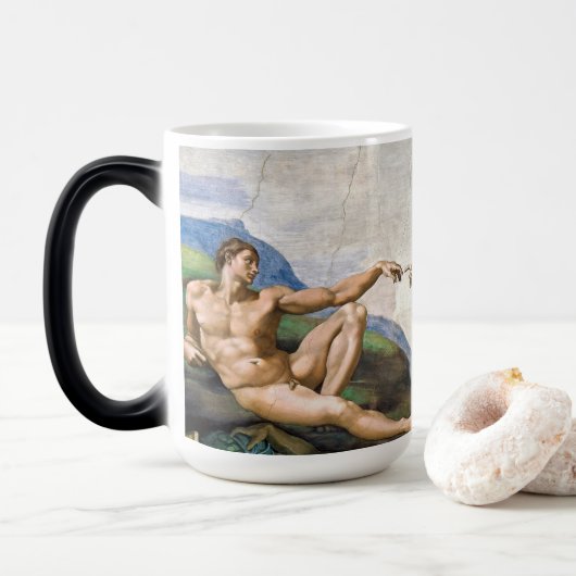 Michelangelo Buonarroti is de schepping van Adam Magische Mok (Met donut)