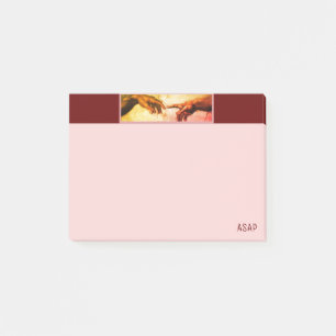 Michelangelo handen kunst op bordeauxrood en roze post-it® notes