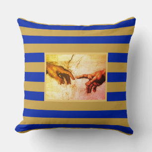 Michelangelo handen vintage kunst op goud & blauw kussen