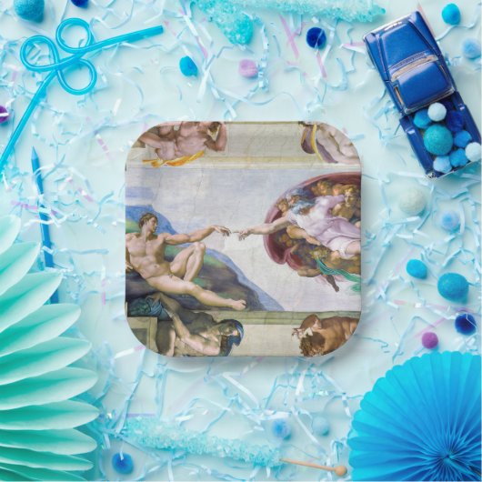 Michelangelo - Schepping van Adam, Sixtijnse Kapel Papieren Bordje (Feest)