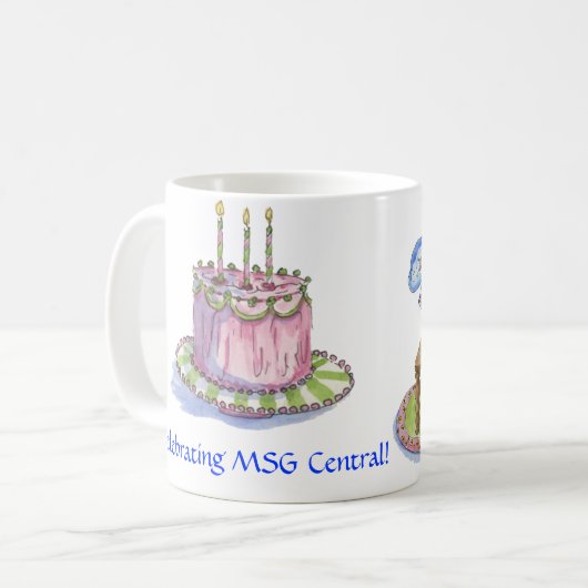 michele art, pinkcake, Celebrating MSG Central! Koffiemok (Voorkant links)