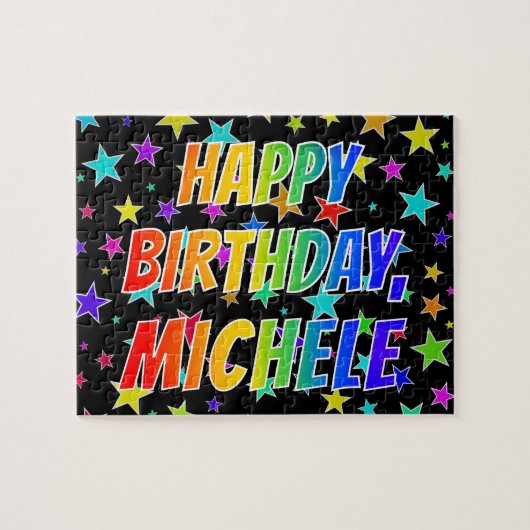 "MICHELE" Voornaam, geun "HAPPY BIRTHDAY" Legpuzzel (Horizontaal)