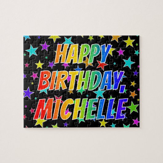 "MICHELLE" Voornaam, geun "HAPPY BIRTHDAY" Legpuzzel (Horizontaal)