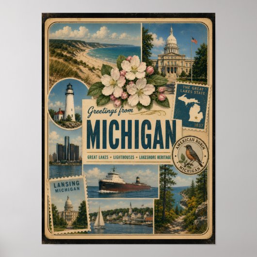 Michigan Authentieke Vintage Stijl Poster (Voorkant)
